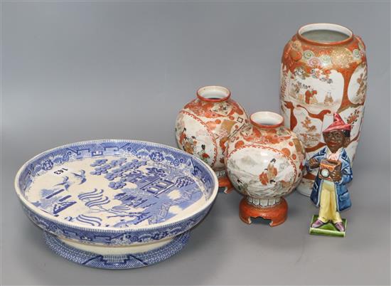 A pair of Kutani vases, another vase, a blue and white pedestal dish and a figure